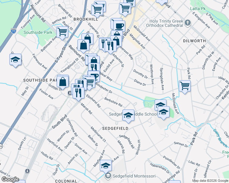 map of restaurants, bars, coffee shops, grocery stores, and more near 317 Poindexter Drive in Charlotte