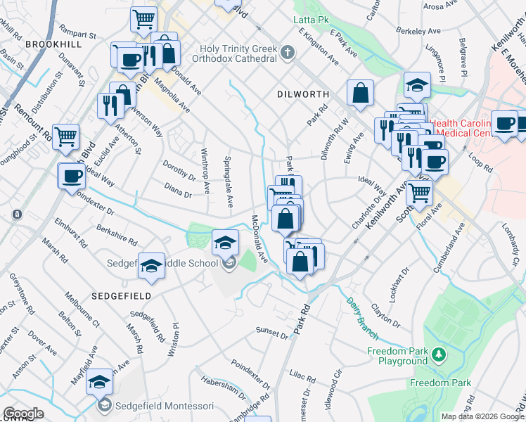 map of restaurants, bars, coffee shops, grocery stores, and more near in Charlotte