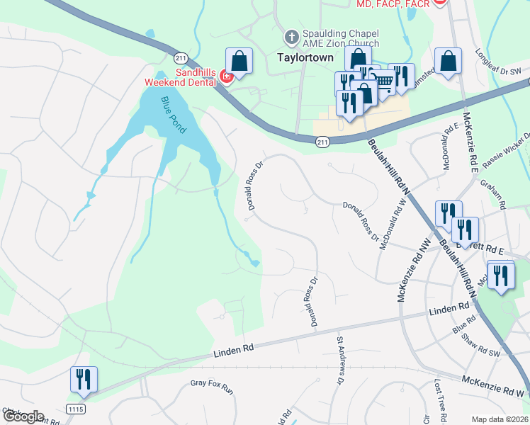 map of restaurants, bars, coffee shops, grocery stores, and more near 10 Wicker Lane in Pinehurst