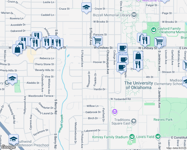 map of restaurants, bars, coffee shops, grocery stores, and more near 714 Elmwood Drive in Norman