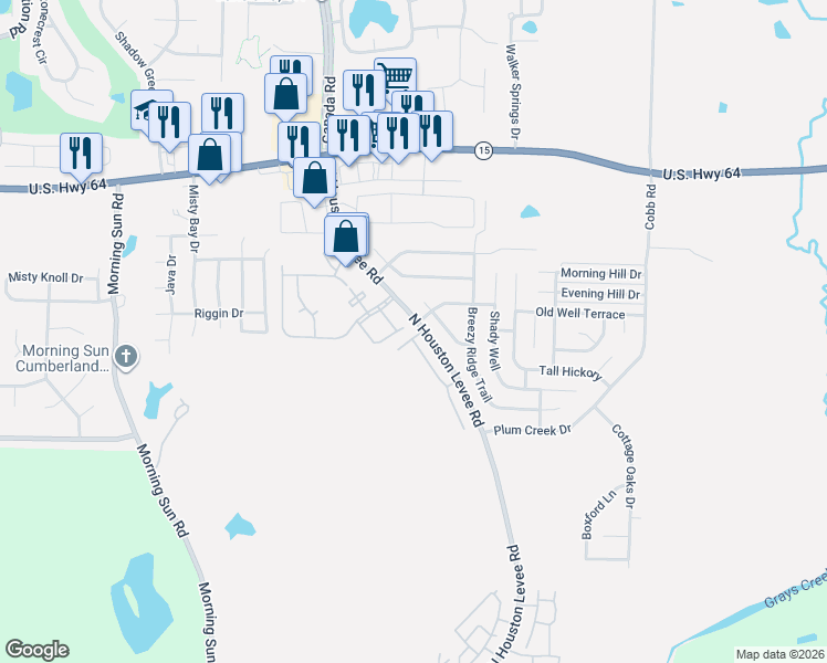 map of restaurants, bars, coffee shops, grocery stores, and more near 10004 Misty Elm Drive in Memphis