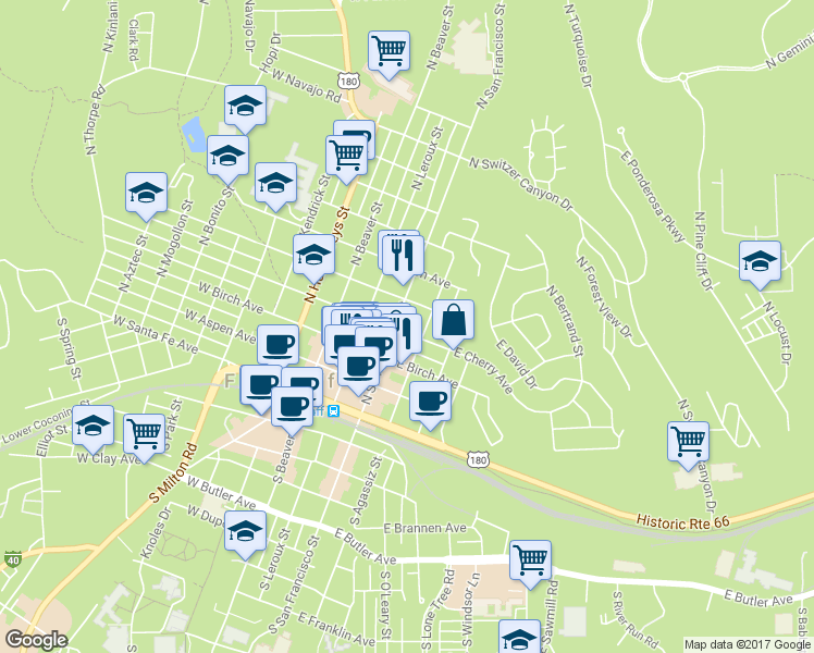 map of restaurants, bars, coffee shops, grocery stores, and more near 110 East Cherry Avenue in Flagstaff