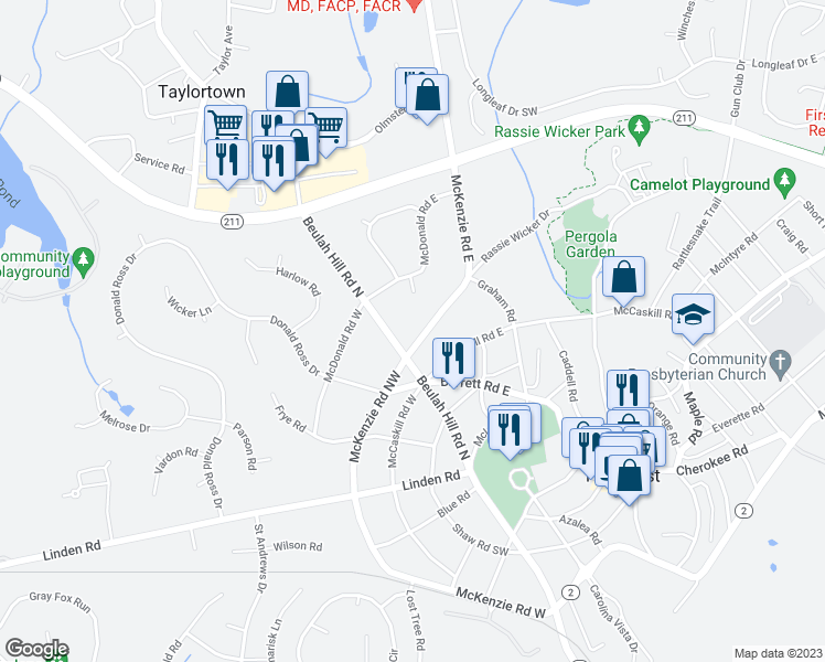 map of restaurants, bars, coffee shops, grocery stores, and more near 25 McKenzie Road East in Pinehurst