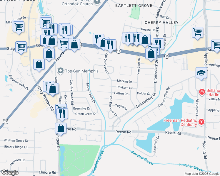 map of restaurants, bars, coffee shops, grocery stores, and more near 7024 Dokkum Cove in Memphis