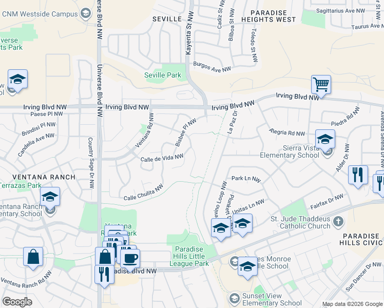 map of restaurants, bars, coffee shops, grocery stores, and more near 10309 Calle Dichoso Court Northwest in Albuquerque