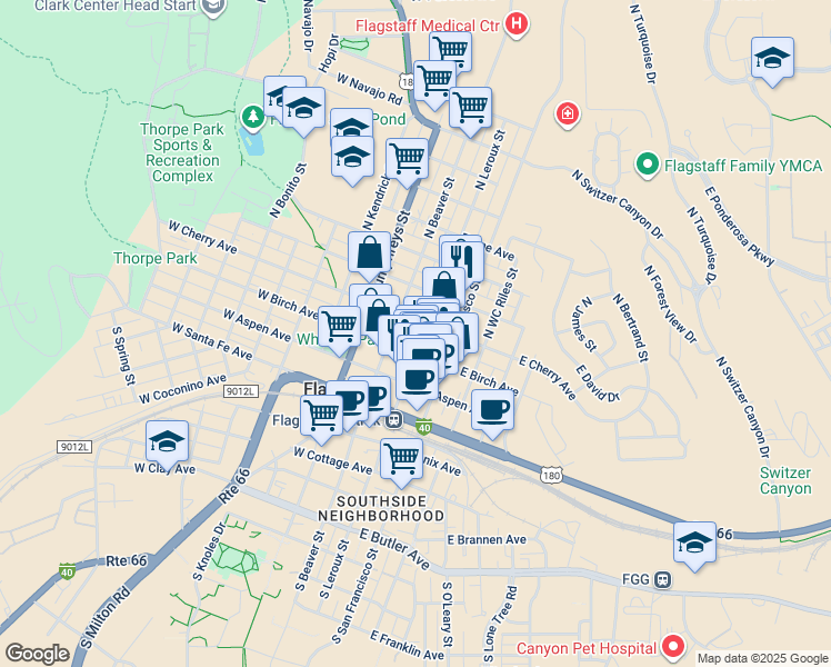 map of restaurants, bars, coffee shops, grocery stores, and more near 215 North Leroux Street in Flagstaff