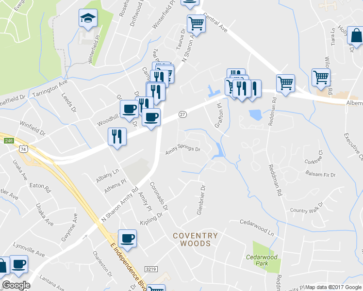 map of restaurants, bars, coffee shops, grocery stores, and more near Amity Springs Drive & Iron Gate Lane in Charlotte