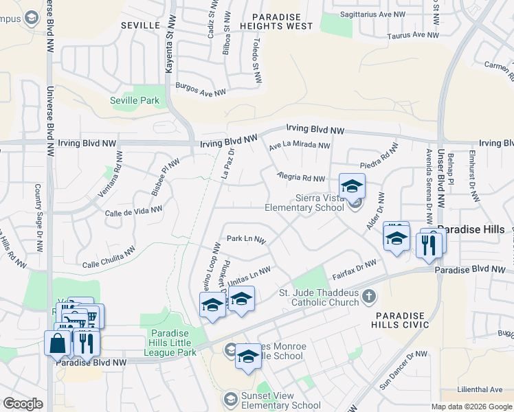 map of restaurants, bars, coffee shops, grocery stores, and more near 5917 Avenida La Barranca Place Northwest in Albuquerque