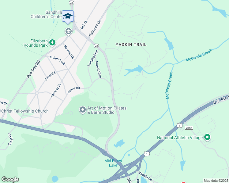map of restaurants, bars, coffee shops, grocery stores, and more near 605 Central Drive in Southern Pines