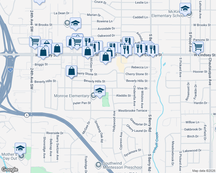 map of restaurants, bars, coffee shops, grocery stores, and more near 1618 Beverly Hills Street in Norman
