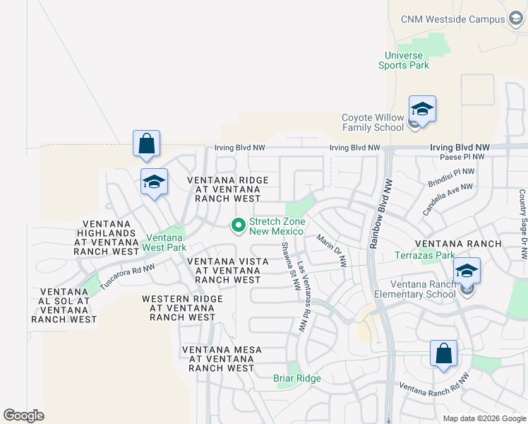 map of restaurants, bars, coffee shops, grocery stores, and more near 7716 Snowy Owl Drive Northwest in Albuquerque