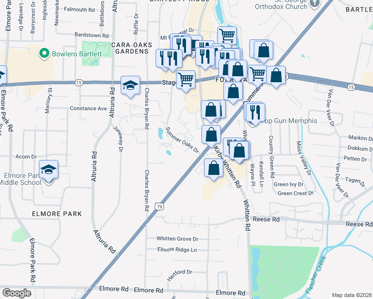 map of restaurants, bars, coffee shops, grocery stores, and more near 2724 Summer Oaks Drive in Bartlett