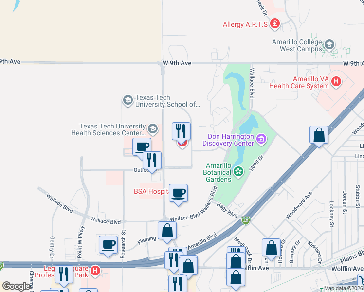 map of restaurants, bars, coffee shops, grocery stores, and more near 1501 Coulter Street in Amarillo