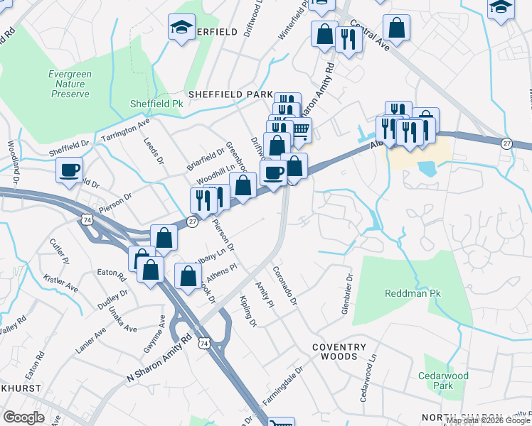 map of restaurants, bars, coffee shops, grocery stores, and more near 3061 North Sharon Amity Road in Charlotte
