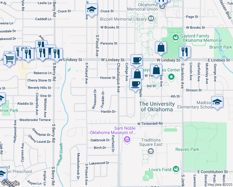 map of restaurants, bars, coffee shops, grocery stores, and more near 703 Normandie Drive in Norman