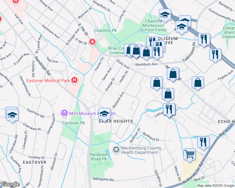 map of restaurants, bars, coffee shops, grocery stores, and more near in Charlotte