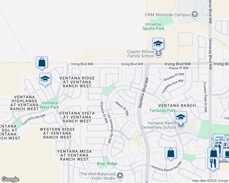 map of restaurants, bars, coffee shops, grocery stores, and more near 99999 Redpoll Road Northwest in Albuquerque