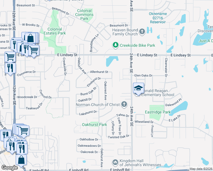 map of restaurants, bars, coffee shops, grocery stores, and more near 1404 Oakcrest Avenue in Norman