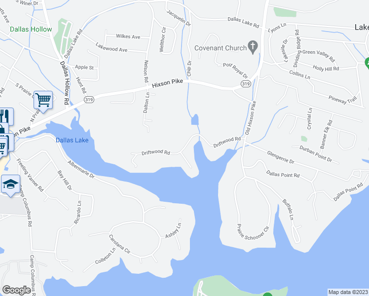 map of restaurants, bars, coffee shops, grocery stores, and more near 2208 Driftwood Road in Soddy-Daisy