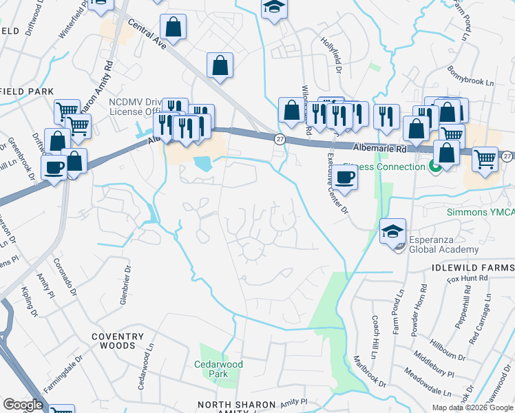 map of restaurants, bars, coffee shops, grocery stores, and more near 6005 Pinebark Court in Charlotte