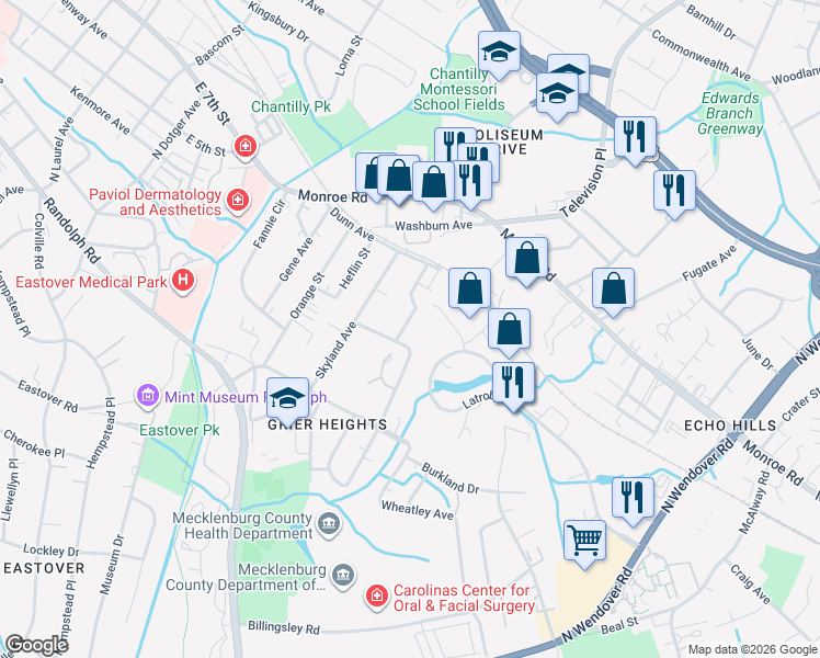 map of restaurants, bars, coffee shops, grocery stores, and more near in Charlotte