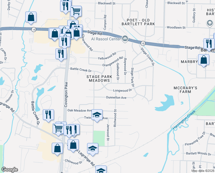 map of restaurants, bars, coffee shops, grocery stores, and more near 5226 Longmeadow Drive in Memphis