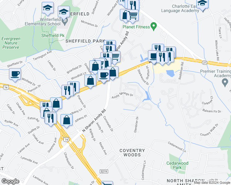 map of restaurants, bars, coffee shops, grocery stores, and more near 5313 Amity Springs Drive in Charlotte
