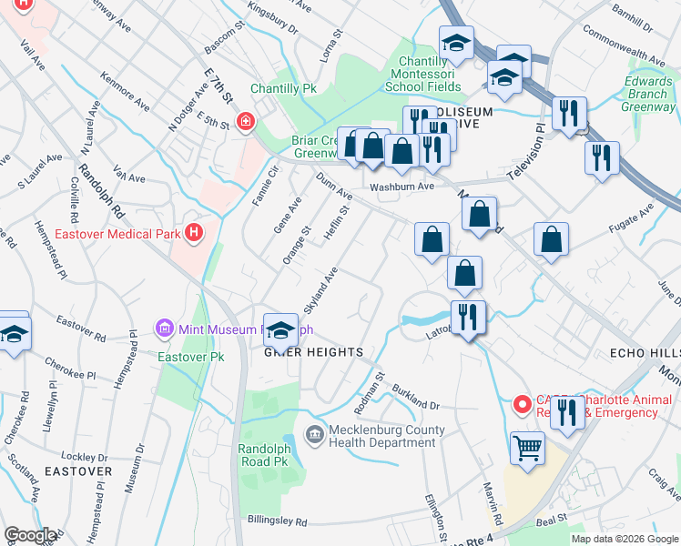 map of restaurants, bars, coffee shops, grocery stores, and more near in Charlotte