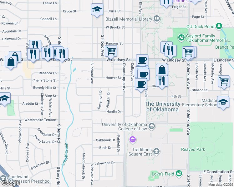 map of restaurants, bars, coffee shops, grocery stores, and more near 700 Elmwood Drive in Norman