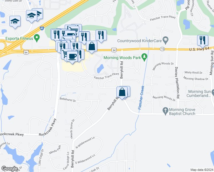 map of restaurants, bars, coffee shops, grocery stores, and more near 2784 Fletcher View Drive in Memphis