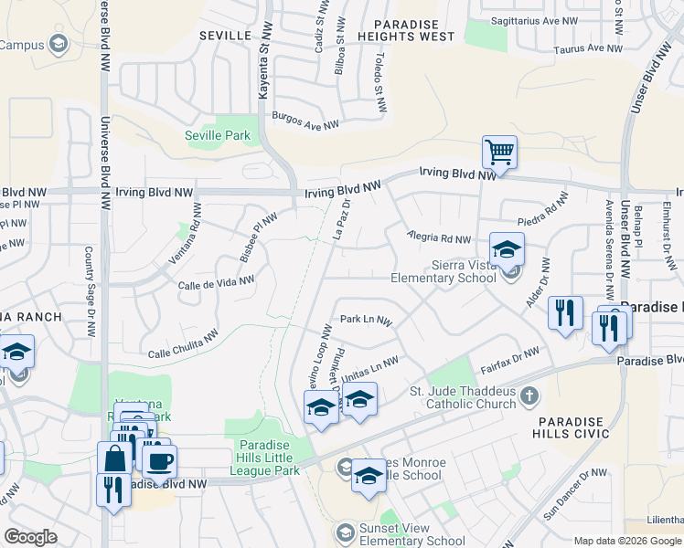 map of restaurants, bars, coffee shops, grocery stores, and more near 5969 Avenida La Barranca Court Northwest in Albuquerque
