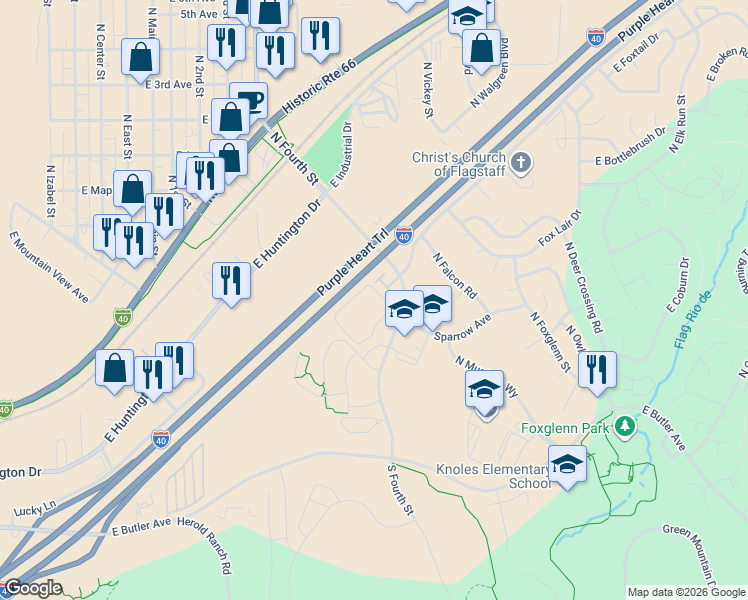 map of restaurants, bars, coffee shops, grocery stores, and more near 1411 North Fourth Street in Flagstaff