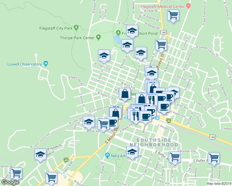 map of restaurants, bars, coffee shops, grocery stores, and more near 603 West Aspen Avenue in Flagstaff