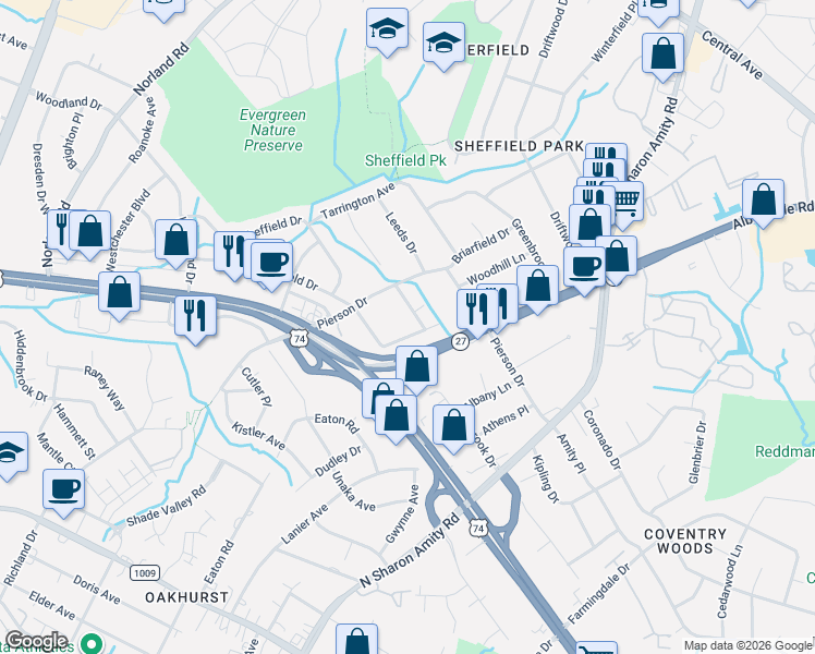 map of restaurants, bars, coffee shops, grocery stores, and more near 4120 Greenhaven Lane in Charlotte