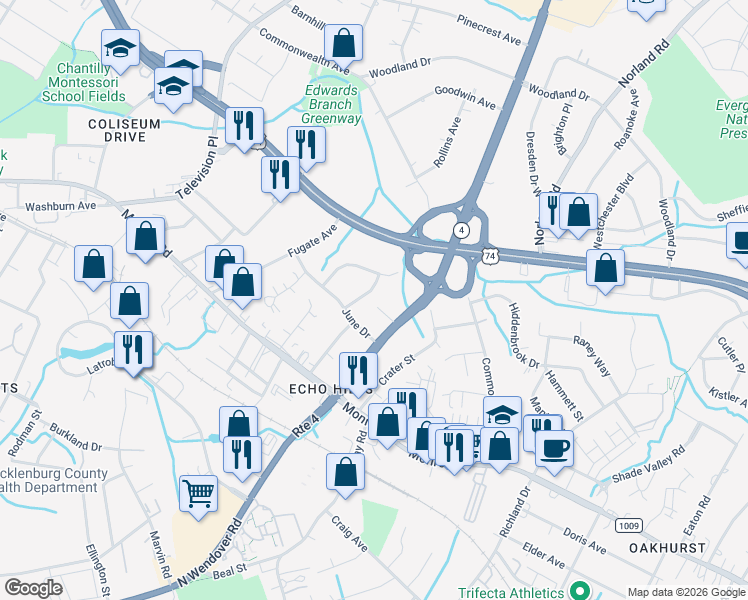 map of restaurants, bars, coffee shops, grocery stores, and more near 929 Cardinal Drive in Charlotte