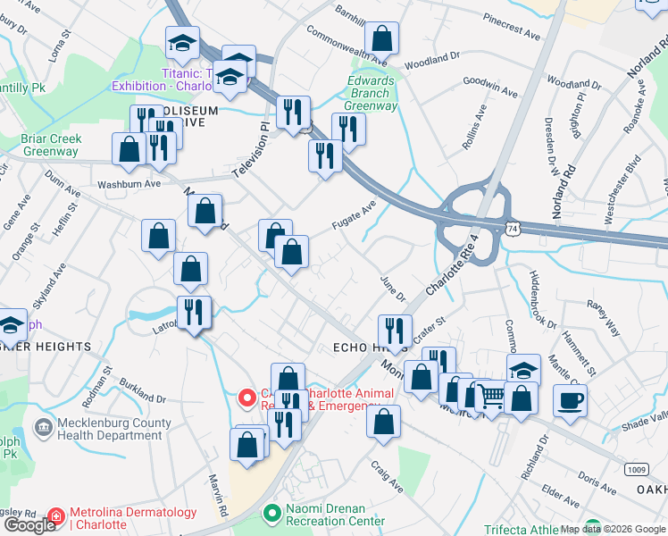 map of restaurants, bars, coffee shops, grocery stores, and more near 838 Mohigan Street in Charlotte