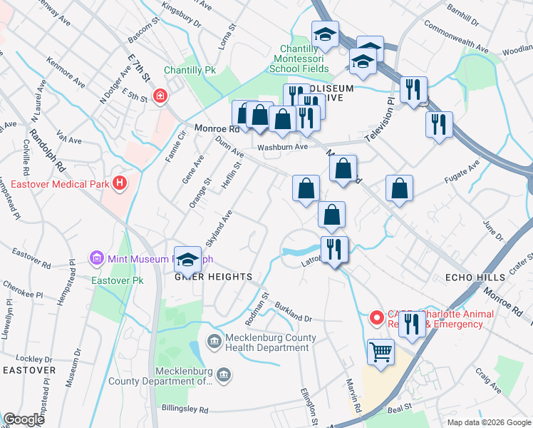 map of restaurants, bars, coffee shops, grocery stores, and more near in Charlotte