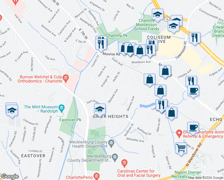 map of restaurants, bars, coffee shops, grocery stores, and more near 325 Skyland Avenue in Charlotte