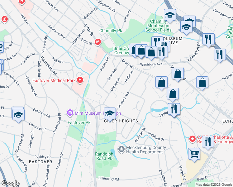 map of restaurants, bars, coffee shops, grocery stores, and more near in Charlotte