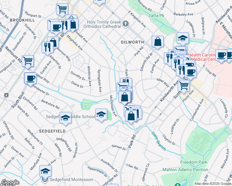 map of restaurants, bars, coffee shops, grocery stores, and more near 829 McDonald Avenue in Charlotte