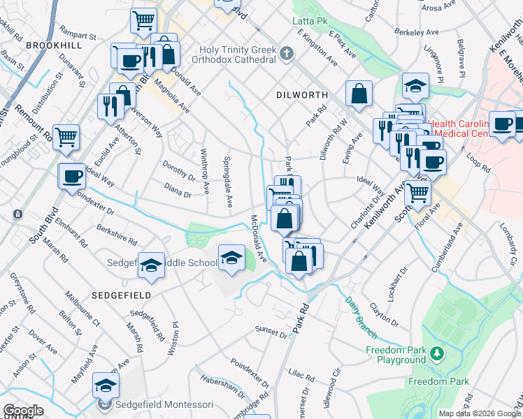 map of restaurants, bars, coffee shops, grocery stores, and more near in Charlotte