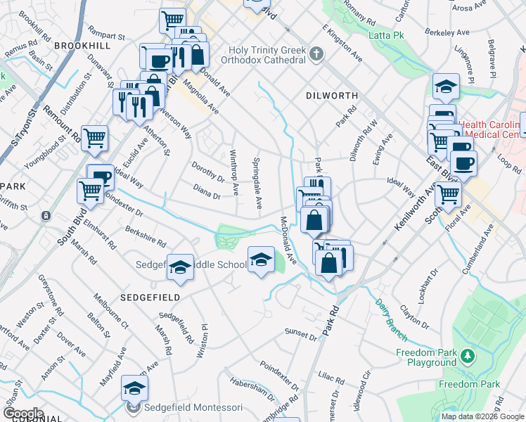 map of restaurants, bars, coffee shops, grocery stores, and more near 2323 Springdale Avenue in Charlotte