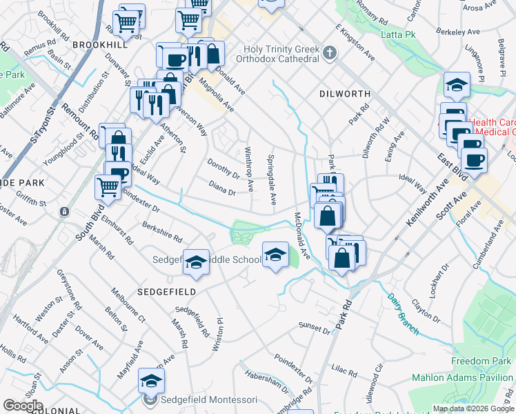 map of restaurants, bars, coffee shops, grocery stores, and more near 2316 Winthrop Avenue in Charlotte