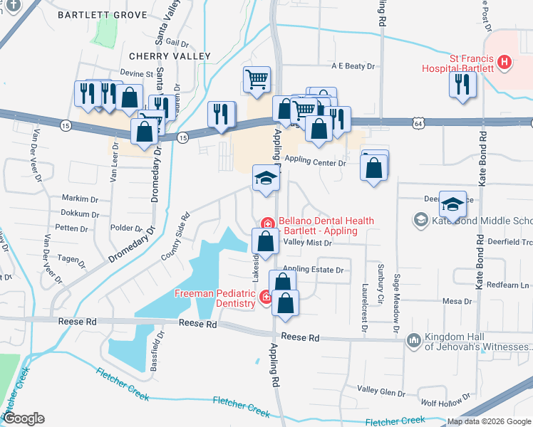 map of restaurants, bars, coffee shops, grocery stores, and more near 2755 Appling Road in Memphis