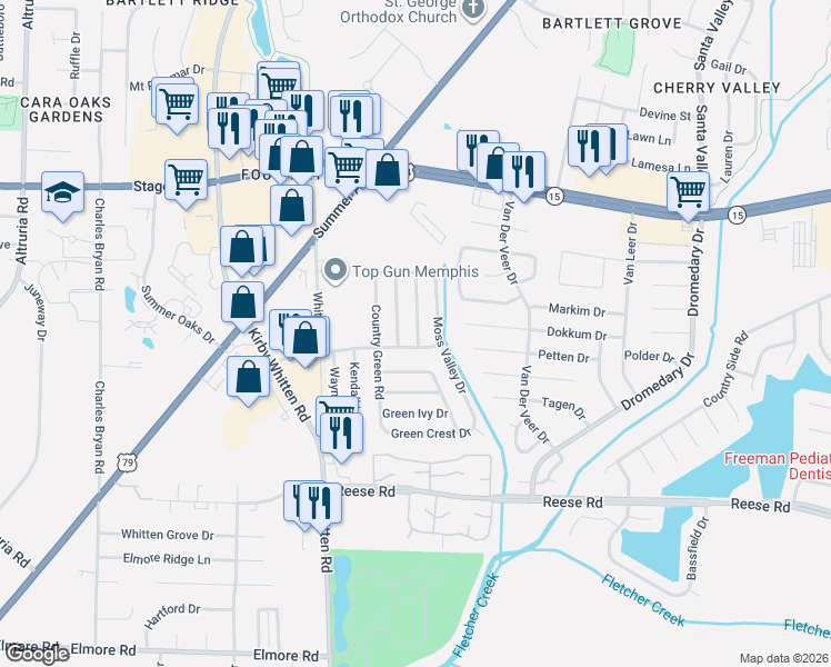 map of restaurants, bars, coffee shops, grocery stores, and more near 2750 Rambling Brook Drive in Memphis