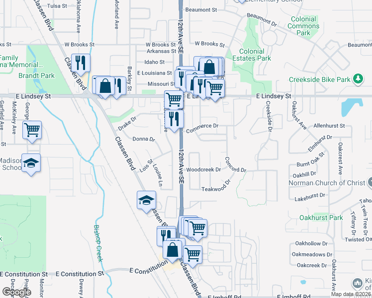 map of restaurants, bars, coffee shops, grocery stores, and more near 1400 12th Avenue Southeast in Norman