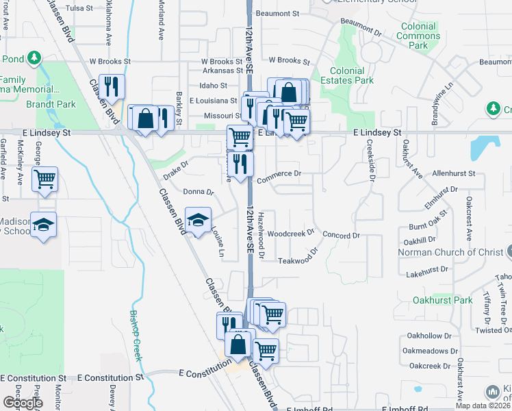 map of restaurants, bars, coffee shops, grocery stores, and more near 1400 12th Avenue Southeast in Norman
