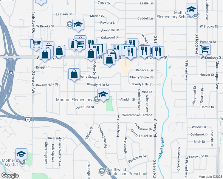 map of restaurants, bars, coffee shops, grocery stores, and more near 1618 Beverly Hills Street in Norman