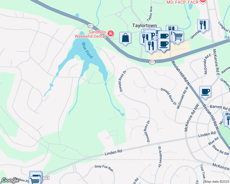 map of restaurants, bars, coffee shops, grocery stores, and more near 4 Ouimet Lane in Pinehurst