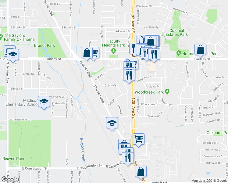 map of restaurants, bars, coffee shops, grocery stores, and more near 2215 Louise Lane in Norman